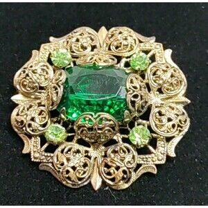 Western Germany Vintage Green Rhinestone Filigree Brooch Pin Jewelry 51.5 MM